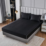 Herside Black Satin Comforter Set 7 Pieces King Size Bed in a Bag Luxurious Satin Bedding Set with Comforter Pillowcases and Sheets Sets Mini Pompoms Design Super Soft Silky Bed Set for All Seasons Herside