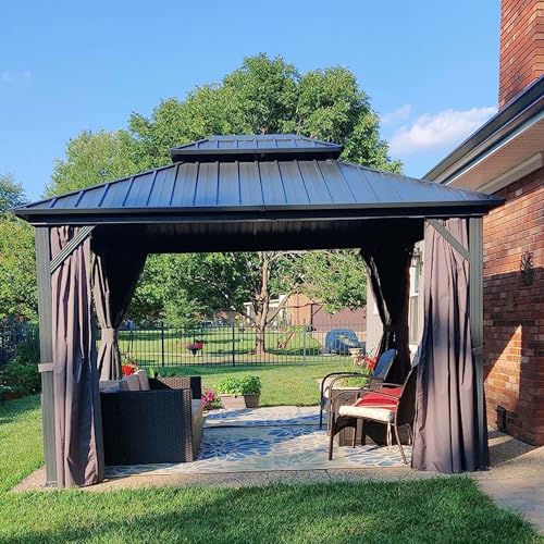 Domi 10' X 10' Hardtop Gazebo, Aluminum Metal Gazebo with Galvanized Steel Double Roof Canopy, Curtain and Netting, Permanent Gazebo Pavilion for Patio, Backyard, Deck, Lawn