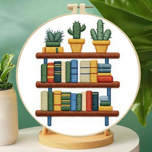Zhenqing Bookshelf with Cactus Embroidery Kit for Beginners, Circular Design on Pre-Printed 29x29cm Cotton Fabric with 20cm Hoop, Book Lover & Plant Decor (C0072)