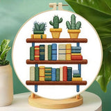 Zhenqing Bookshelf with Cactus Embroidery Kit for Beginners, Circular Design on Pre-Printed 29x29cm Cotton Fabric with 20cm Hoop, Book Lover & Plant Decor (C0072)
