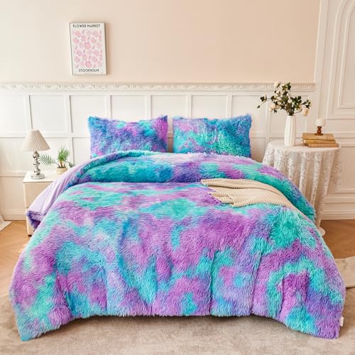 PERFEMET Fuzzy Girls Bedding Set Full Size 3 Pieces Luxury Purple and Teal Faux Fur Fluffy Comforter for Kids Teens Ultra Soft Warm Tie Dye Velvet Plush Shaggy Bed Comforter Sets(Purple Teal, Full) PERFEMET