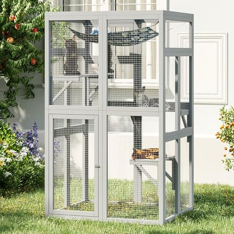 YADSUNY 64 Inch Catio Outdoor Cat Enclosure, Large Cat House for Outdoor Cats with Updated Framework Structure, Outside Cat Patio Cattery Weatherproof for Multiple Cats, Grey YADSUNY