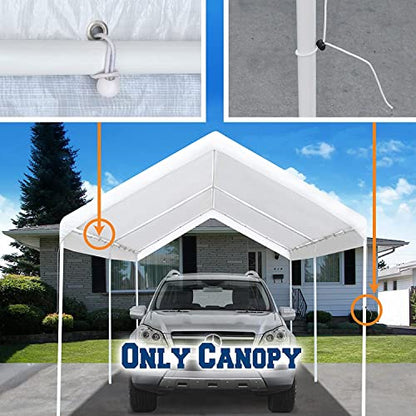 10'x20' Carport Replacement Top Canopy Cover for Car Garage Shelter Tent Party Tent with Ball Bungees White (Only Top Cover, Frame is not Included)