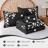 METAHOTS King Size Comforter Set - 7 Pieces White Floral Botanical Printed on Black King Comforter Set with Sheets, Soft Lightweight Microfiber Bedding Set for All Season(104"X90") METAHOTS