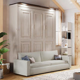 MERITLINE Queen Murphy Bed with Couch and 2 LED Lightings, Solid Wood Hideaway Murphy Wall Bed with Sofa, Farmhouse Foldable Wall Bedframe Storage Beds Cabinet, Space-Saving, Beige MERITLINE