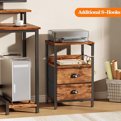 Furologee Nightstand with 2 Fabric Drawers, Night Stand with 2-Tier Shelf, Bedside Table with Hooks, Open Wooden Shelf, End Table for Bedroom, Backboard Design, Metal Frame, Rustic Brown Furologee