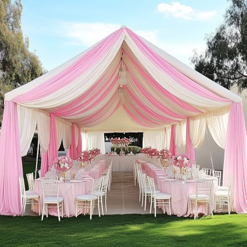 Htper 4 Panels 5x30ft White Ceiling Drapes for Wedding, Wrinkle Free Thick Polyester 30ft Long Canopy Tent Ceiling Curtains Draping Arch Drapery for Birthday Party Event Venue Decoration Htper
