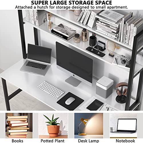 Aquzee 47 Inch White Computer Desk with Hutch and 3-Tier Bookshelf for Home Office Aquzee
