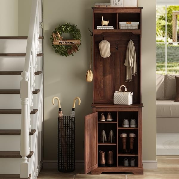 Maupvit Farmhouse Narrow Coat Rack with Shoe Storage, 6 Shoe Cubbies & 5 Coat Hooks, Entryway Furniture with Hall Tree, Ideal for hallways, Living Rooms and Mudrooms Maupvit