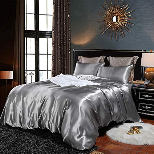 Erosebridal Hotel Grey Duvet Cover King Silk Like Satin Bedding Set Summer Reversible Quilt Comforter Cover Honeymoon Sexy Luxury Soft Lightweight Brushed Bedspreads for Farmhouse Room Decor Erosebridal