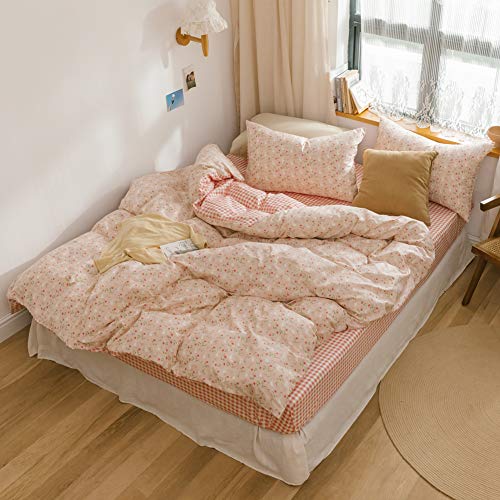 BlueBlue Rabbit Duvet Cover Set Queen 100% Cotton Bedding for Kids Boys Girls Teens Cartoon Bunny Red Flower Garden on Pink 1 Reversible Check Comforter Cover Full 2 Pillowcases BlueBlue