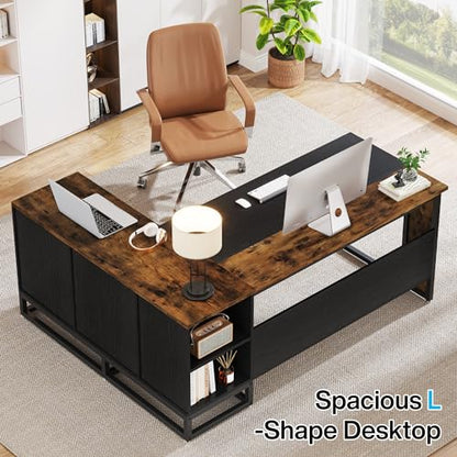 Tribesigns 63" L-Shaped Executive Desk, Large Office Desk with Drawers and Shelves, Rustic Long Business Furniture Desk with File Cabinet Storage Space, Home Office Workstation, Brown & Black - WoodArtSupply