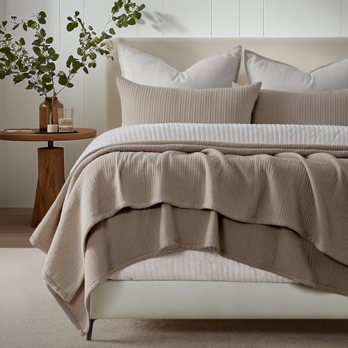 EVERGRACEHOME Cotton Gauze King Bedspread, Ultra Soft Prewashed Pick Stitch Matelassé Coverlet, Lightweight Textured Oversized King Quilt Bedding Set for All Season, with 2 Shams, Mocha Brown EVERGRACEHOME