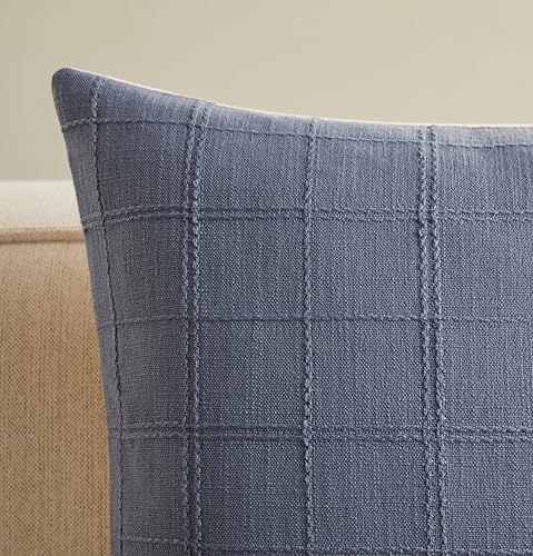 ZeeMart Linen Checked Throw Pillow Covers Set of 2, 18x18 Inch Blue/Cream, Farmhouse Decorative Single Sided Grid Embroidered Couch Pillow Cases Dusty Blue Cotton Linen Cushion Covers ZeeMart