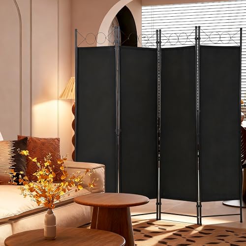 FDW 4 Panel Room Divider and Folding Portable Partition Screen, 6FT Wall Divider Screen for Dorm Bedroom Office, Coal Black FDW