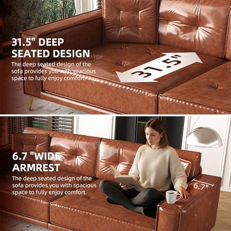 LuxyHoom 92.1'' Pull Out Sofa Bed King, Faux Leather Futon Couch, 3-in-1 Convertible Sleeper Sofa with Tufted Back, Gold Furniture Legs, Deep Loveseat for Living Room, Apartment, Office, Light Brown LuxyHoom