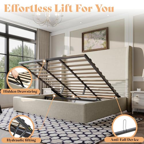 AMERLIFE Lift Up Storage Bed Queen Size Linen Upholstered Platform Bed Frame, Hydraulic Storage,Modern Wingback Headboard, No Box Spring Needed, Khaki AMERLIFE