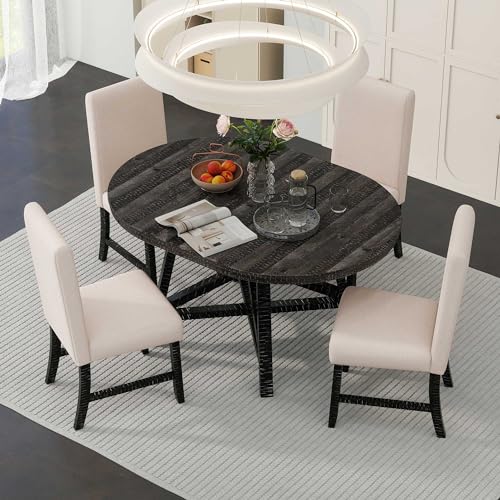 Dinehome 5-Piece Retro Wooden Round Extendable Dining Table Set with 4 Upholstered Chairs for Dinette Room and Kitchen (42", Black), 42"-58" L x 42" W x 30" H