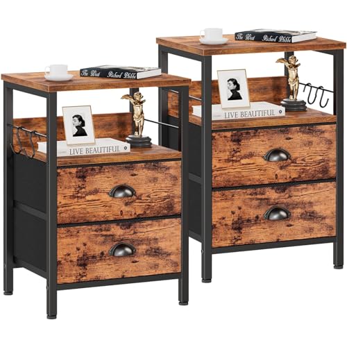 Furologee Rustic Brown Nightstands Set with 2 Fabric Drawers and Hooks - WoodArtSupply