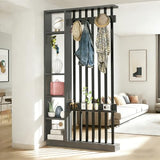 Wall Room Divider - Freestanding Wood Room Divider with Shelves and Coat Rack, Wall Divider with Storage Cabinet and Display Shelf, Freestanding Decor for Bedroom, Office (Grey+Black, 39.4IN) Horseo