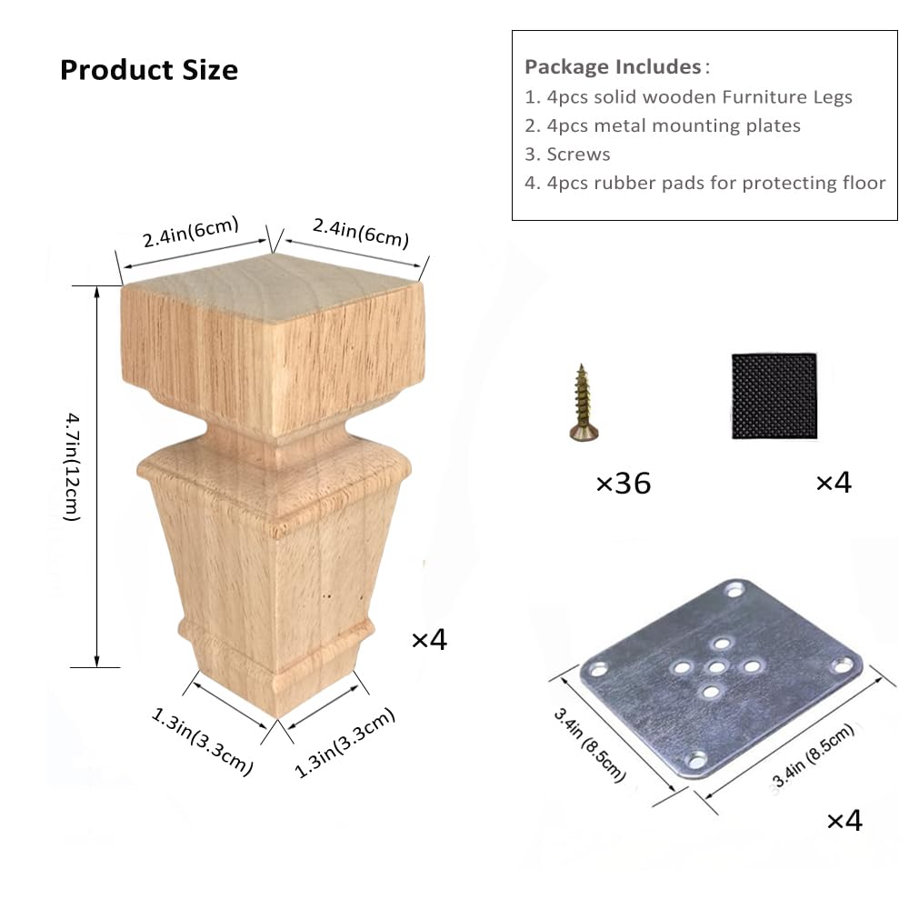 5 Inch Wooden Furniture Legs with Mounting Plates Screws Set of 4 Solid Wood Unfinished European Style Replacement Furniture Feet for Couch Cabinet