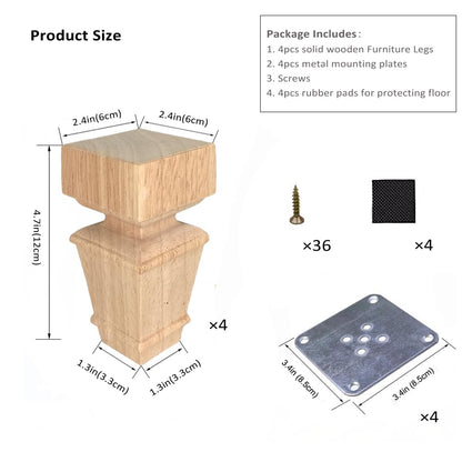 5 Inch Wooden Furniture Legs with Mounting Plates Screws Set of 4 Solid Wood Unfinished European Style Replacement Furniture Feet for Couch Cabinet