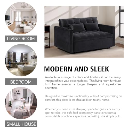 3 in 1 Convertible Sleeper Sofa Bed, 54'' Full Size Velvet Pull Out Futon Couch Recliner with Reclining Backrest & 2 Pillows, Small Loveseat Lounge Couches for Small Spaces (Black) Generic