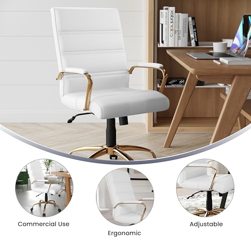 Flash Furniture Whitney Mid-Back Swivel LeatherSoft Desk Chair with Padded Seat and Armrests, Adjustable Height Padded Office Chair, White/Gold Flash Furniture
