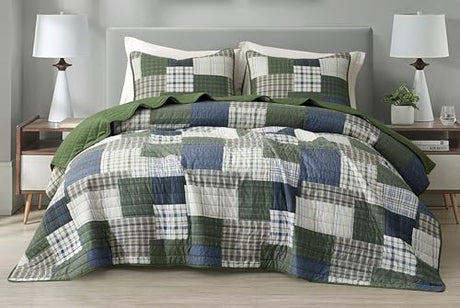 Chezmoi Collection Cedar 2-Piece Printed Patchwork Quilt Set, Green Navy Plaid Coverlet - Pre-Washed Microfiber Lightweight Bedspread for All Seasons, Twin Size Chezmoi Collection