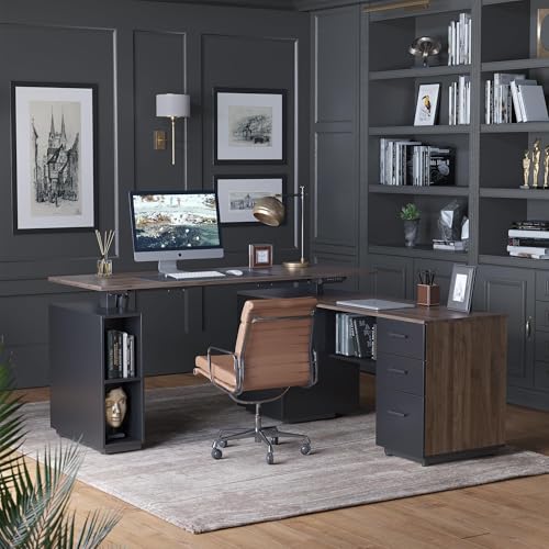 FEZIBO 63" L Shaped Standing Desk with Storage, Executive Height Adjustable Table, Deep Wood Grainy FEZIBO