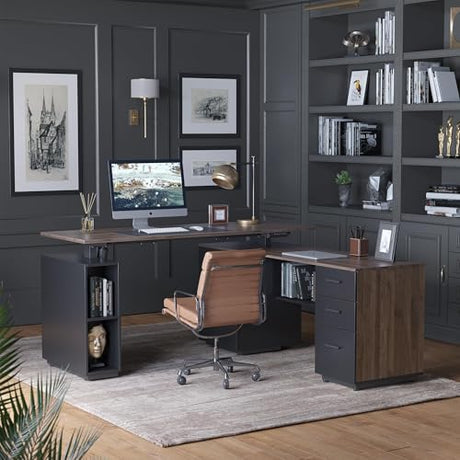 FEZIBO 63" L Shaped Standing Desk with Storage, Executive Height Adjustable Table, Deep Wood Grainy FEZIBO