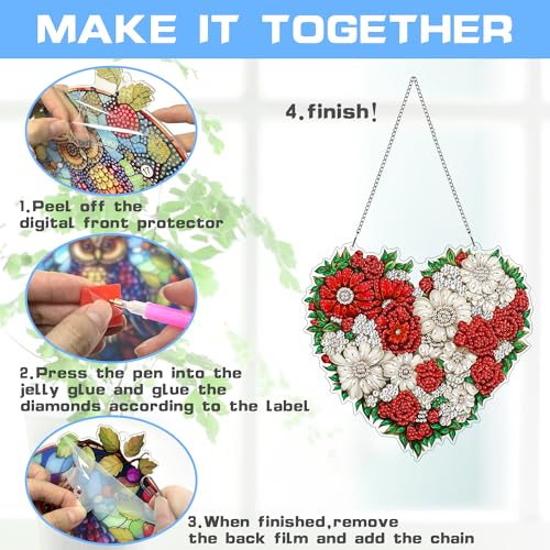 VAIIEYO Flower Diamond Art Hanging Ornament, Heart Diamond Painting Suncatchers Window Hanging Kit with Chain, 7.5x7.5 inch Crystal Pendant Art Craft for Gift Home Wall Front Door Decoration VAIIEYO
