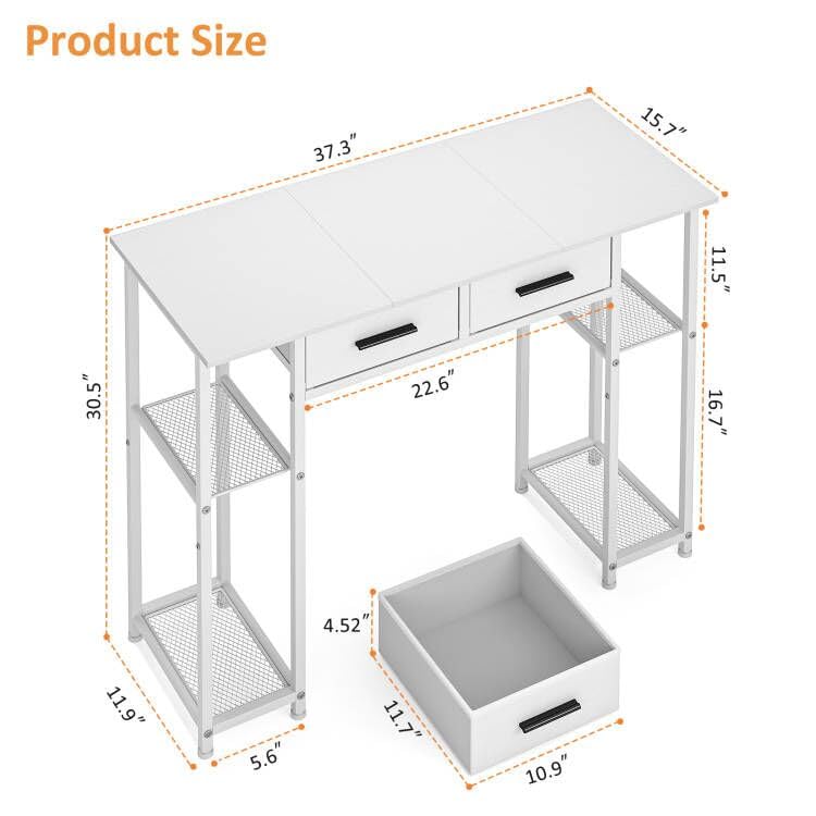 DAOUTIME White Computer Desk with Drawers, 37.3 Inch Home Office Work Desk with Storage Shelf, Kids Teens Study Table for Small Space, Small Writing PC Table for Bedroom Makeup Vanity Desk DAOUTIME
