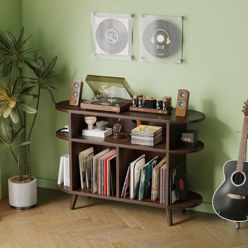 LIVEHOM Large Round Record Player Stand, Wood Record Storage Cabinet, Vinyl Record Holder with Display Area, Mid Century Modern Turntable for Living Room, Bedroom LIVEHOM