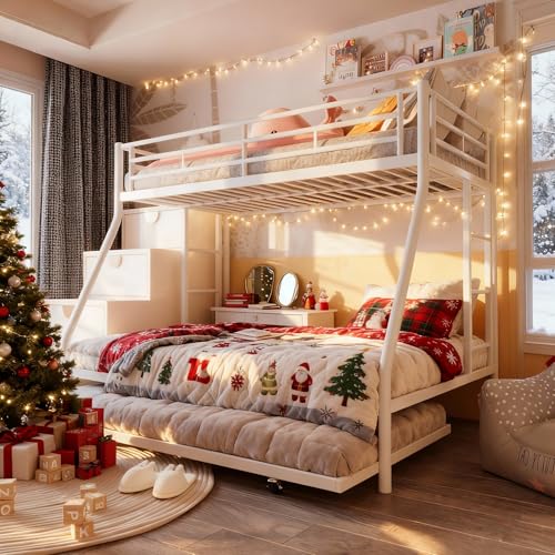 SUNLEI Metal Bunk Beds with Double Secured Ladders, Bunk Bed Twin Over Full with Surrounded Safety Guardrails, Space Saver Beds with Trundle, Noise Free for Small Bedroom, Creamy White SUNLEI