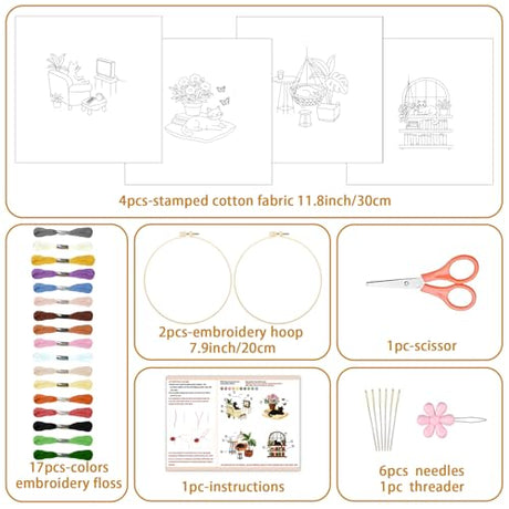 BEUNITONE 4 Set Embroidery Kit for Beginners, Daily Life of Cats Patterns Cross Stitch Kits, Needlepoint Kits for Adults with Hoop, Cute Hand Embroidery Patterns for Cloth and Home Decor BEUNITONE