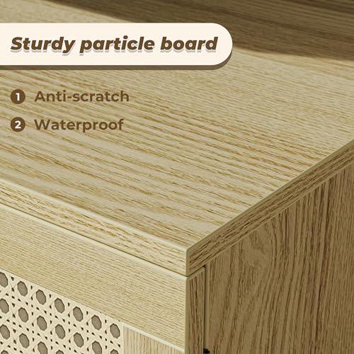 SUPERJARE Boho TV Stand for 55 Inch TV, Entertainment Center with Adjustable Shelf, Rattan TV Console with 2 Cabinets, Media Console, Solid Wood Feet, 4 Cord Holes, for Living Room - Natural SUPERJARE