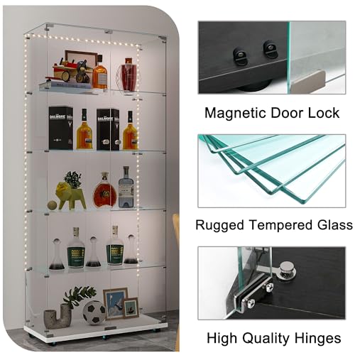 TRJQBCC 74" H Tempered Glass Display Cabinet with LED Lights, 5-Shelf Wooden Curio Storage Cabinet with Tempered Glass Top & Casters, 2 Door Lockable Display Case Bookshelf for Living Room(White) TRJQBCC