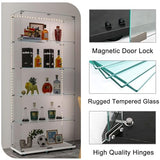 TRJQBCC 74" H Tempered Glass Display Cabinet with LED Lights, 5-Shelf Wooden Curio Storage Cabinet with Tempered Glass Top & Casters, 2 Door Lockable Display Case Bookshelf for Living Room(White) TRJQBCC