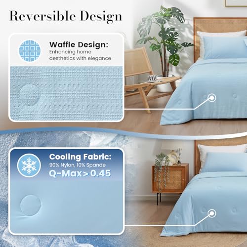 Amélie Home Waffle Cooling Comforter Queen Size, Q-Max 0.45 Reversible Lightweight Cooling Blanket for Hot Sleepers, Breathable Bedding for Night Sweats, 90"x90", Sky Blue Amélie Home