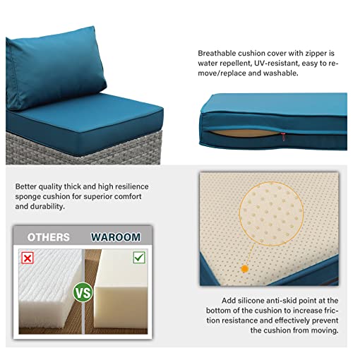 WAROOM Patio Furniture Set 9 Piece Gray Rattan Outdoor Sectional Sofa PE Wicker Couch Conversation sets with 45" Propane Fire Pit Table and Non-Slip 5" Thick Peacock Blue Cushion WAROOM