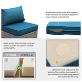 WAROOM Patio Furniture Set 9 Piece Gray Rattan Outdoor Sectional Sofa PE Wicker Couch Conversation sets with 45" Propane Fire Pit Table and Non-Slip 5" Thick Peacock Blue Cushion WAROOM