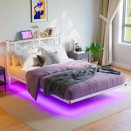 MUZERUL Floating Bed Frame Full Size with LED Lights & Charging Station,Metal Platform Bed Frame Full Size with XX Headboard,No Box Spring Needed,Heavy Duty Steel Slats,Easy Assembly,Noise Free,White MUZERUL
