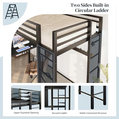 SUNLEI Loft Bed Twin Size with Desk and Safety Guard Rail, Twin Size Metal Bed Frame with Double Layer Shelves for Storage, No Box Spring Needed and 2 Security Ladders, Black