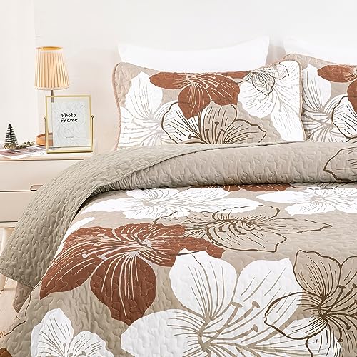 DJY 3 Pieces Quilt Set King Taupe Floral Pattern Quilt Coverlet Set Boho Floral Bedspread with 2 Pillow Shams Elegant Flower Bedding Quilt Set for All Season (Brown, 104"x 90") DJY