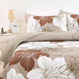 DJY 3 Pieces Quilt Set King Taupe Floral Pattern Quilt Coverlet Set Boho Floral Bedspread with 2 Pillow Shams Elegant Flower Bedding Quilt Set for All Season (Brown, 104"x 90") DJY