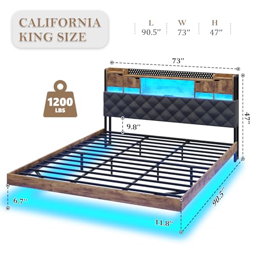 BYSAUD California King Bed Frame with LED Lights & Charging Station, Floating Bed Frame with Storage Headboard, Heavy Duty Metal Platform with Capacity of 1200 LBS, No Box Spring Needed, Grey BYSAUD