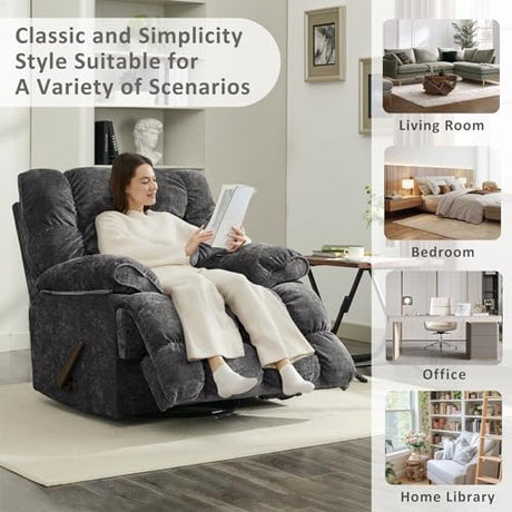 Pationate Oversized Recliner Chair, Overstuffed Swivel Rocker with Extra Wide Seat & Breathable Fabric for Living Room (Manual, Gray) Pationate