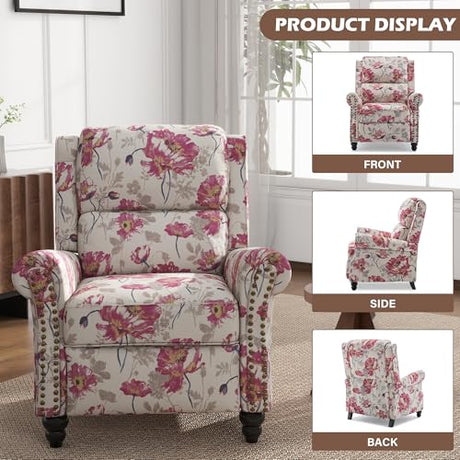 UIXE Pushback Recliner Chair, Fabric Armchair Push Back Accent Chair, Rivet Trim Club Chair Home Theater Overstuffed Single Sofa Reading Seat for Living Room, Pattern UIXE