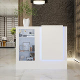 WOODTIME Reception Desk with Counter, Colored LED Light, Glass Front & Open Shelves, Retail Counter with Adjustable Glass Shelves, Checkout Front Desk for Office Clinic Lobby Salon, White WOODTIME